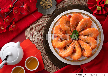 Delicious shrimp soaked in Chinese wine for lunar new year's dishes. 97410824