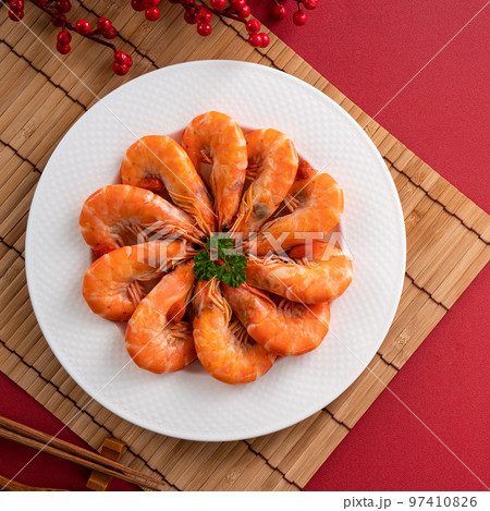 Delicious shrimp soaked in Chinese wine for lunar new year's dishes. 97410826