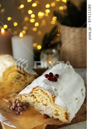 Concept of German dessert - Stollen, close up Concept of German dessert - Stollen, close up 97411180