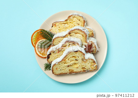 Concept of German dessert - Stollen, top view Concept of German dessert - Stollen, top view 97411212