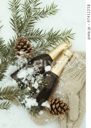 Christmas composition with blank champagne bottles outdoor 97411258