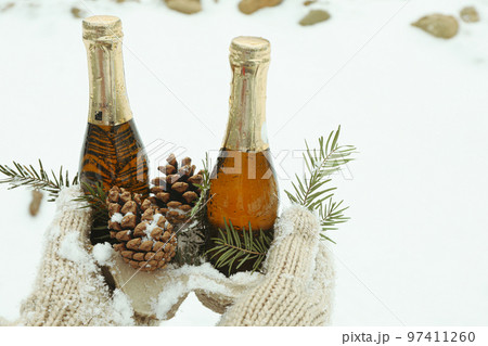 Female hands in mittens holding champagne bottles, twigs and cones outdoor 97411260