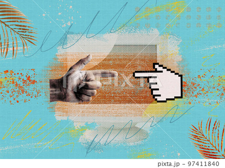 Creative human hand collage and pixel finger pointer  97411840