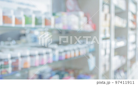 pharmacy drugstore shelves interior blurred abstract background 97411911