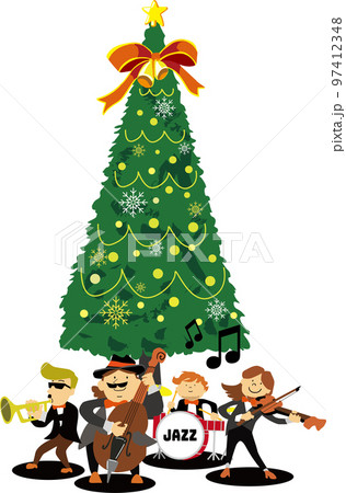 クリスマスツリーの前でジャズの演奏をするバンドのイラスト 97412348