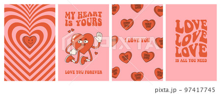 Groovy lovely hearts posters. Love concept. Happy Valentines day greeting card. Funky background in trendy retro 60s 70s cartoon style. Vector illustration in pink red colors. Groovy lovely hearts posters. Love concept. Happy Valentines day greeting card. Funky background in trendy retro 60s 70s cartoon style. Vector illustration in pink red colors. 97417745