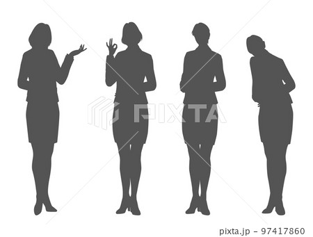 お辞儀やokポーズ 案内をしている女性4人のシルエットセットのイラスト素材