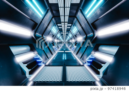 Inside a futuristic white-lit passageway 3d render 97418946