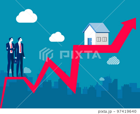Young couple looks at the house rising on a red arrow 97419640
