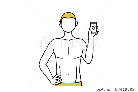 仕事でスマホを使う下着姿の男性、脱毛やメンズエステのイメージ 97419685
