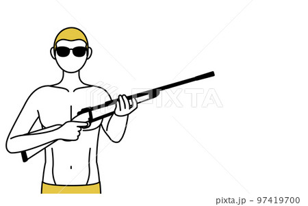 サングラスをかけてライフル銃を持つ下着姿の男性、脱毛やメンズエステのイメージ 97419700