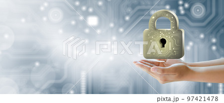 Businessman hand holding Padlock with Keyhole. Cyber data and information privacy. Future technology security, Network protection, and Modern safety digital Concept. Businessman hand holding Padlock with Keyhole. Cyber data and information privacy. Future technology security, Network protection, and Modern safety digital Concept. 97421478