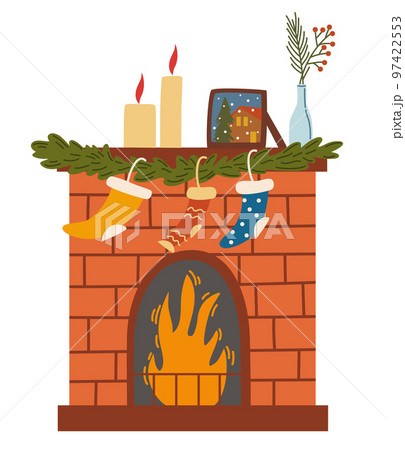 Christmas fireplace. Home fireplaces with socks, stockings, gifts, candles, firs and Xmas decoration. Warm cozy hearths with winter holiday decor. Flat vector illustrations isolated on white 97422553