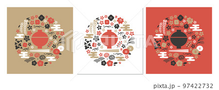 和食イメージと植物の円形デザイン3パターン 和食イメージと植物の円形デザイン3パターン 97422732