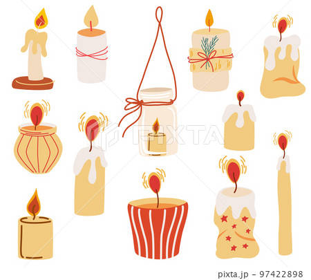 Candles set. Decorative wax candles for relax, interior decor, holiday and Christmas. Wax candles. Hand drawn vector illustration isolated on the white background. 97422898
