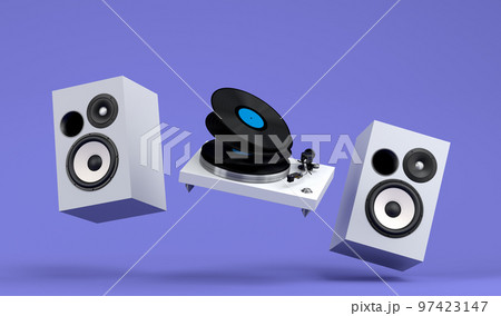 Set of Hi-fi speakers and DJ turntable for sound recording studio on violet 97423147