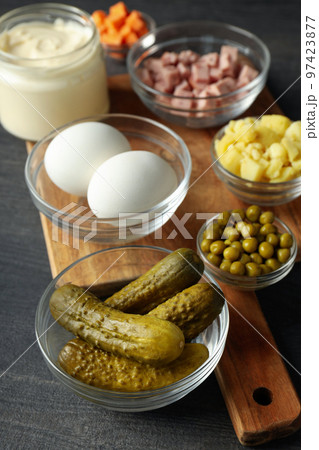 Concept of New year food, tasty Olivier salad Concept of New year food, tasty Olivier salad 97423877