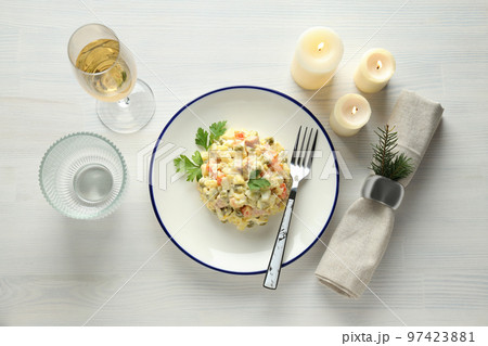 Concept of New year food, Olivier salad, top view Concept of New year food, Olivier salad, top view 97423881