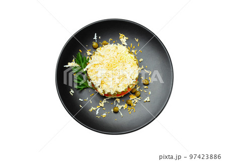 Concept of New year food, Olivier salad, isolated on white background Concept of New year food, Olivier salad, isolated on white background 97423886