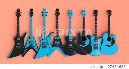 Set of electric acoustic guitars isolated on coral background. Set of electric acoustic guitars isolated on coral background. 97424623