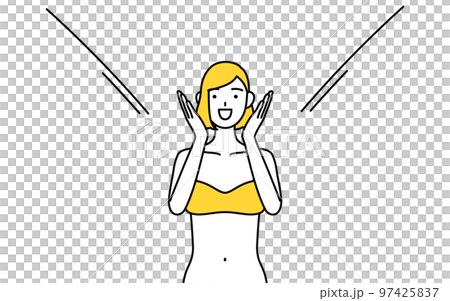 口に手を当てて呼び込みをする下着姿の女性、脱毛やエステサロンのイメージ 97425837