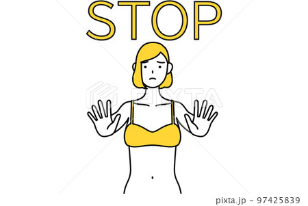 ストップの合図、体の前に手を突き出す下着姿の女性、脱毛やエステサロンのイメージ 97425839