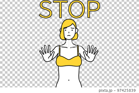 ストップの合図、体の前に手を突き出す下着姿の女性、脱毛やエステサロンのイメージ 97425839