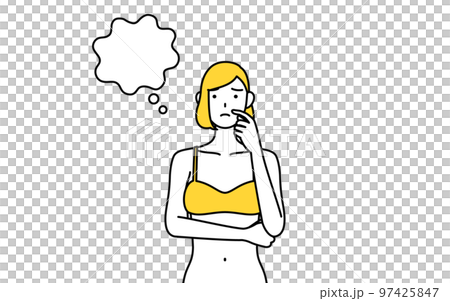 A woman in underwear thinking while scratching her face, an image of hair removal and beauty salon 97425847