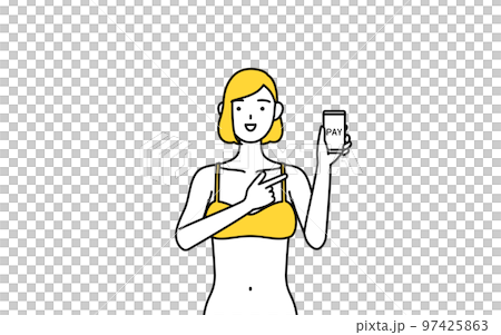 A woman in underwear who recommends cashless and online payment of smartphones, image of hair removal and beauty salon 97425863