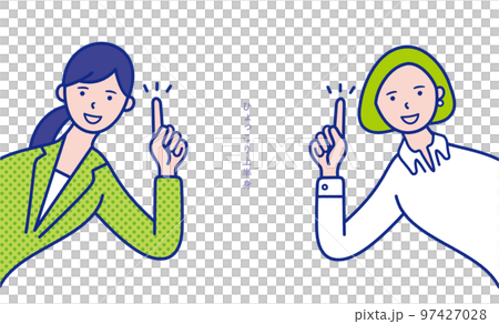 Illustration material [set] of an image of the upper body of a woman in her 20s to 40s in a pointing pose popping out from the side 97427028