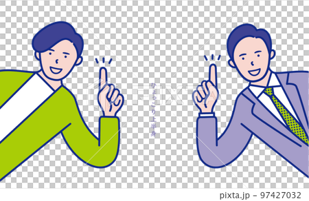 Illustration material [set] of an image of the upper body of a man in his 20s to 40s in a pointing pose popping out from the side 97427032
