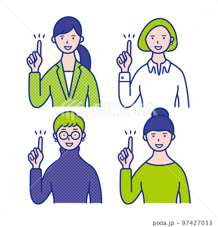 指差しポーズの代 40代女性の上半身イラスト素材 セット のイラスト素材