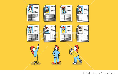 社員・候補者のプロフィールを確認して話す人事担当者のイラスト 97427171