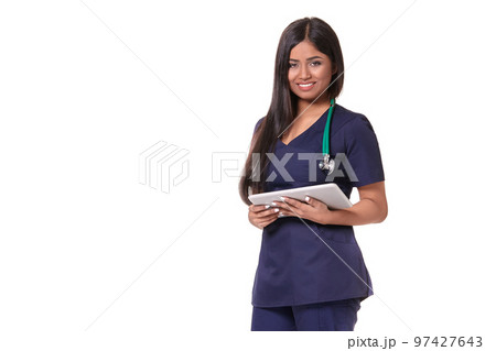 Young pretty doctor with a stethoscope and a medical history in her arms Young pretty doctor with a stethoscope and a medical history in her arms 97427643