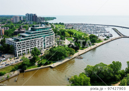 Aerial of the waterfront area of Oakville, Ontario, Canada 97427903