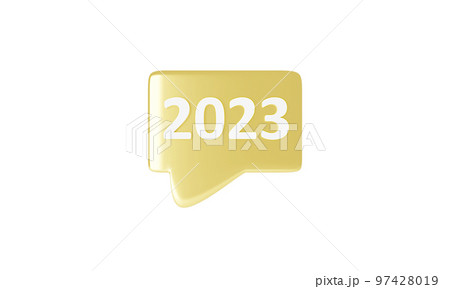 3D Minimal golden chat 2023 on isolate white background. concept of social media messages. 3d rendering illustration Minimal blank chat boxes sign. Chat for text icon on pastel. Happy new year 2023 97428019