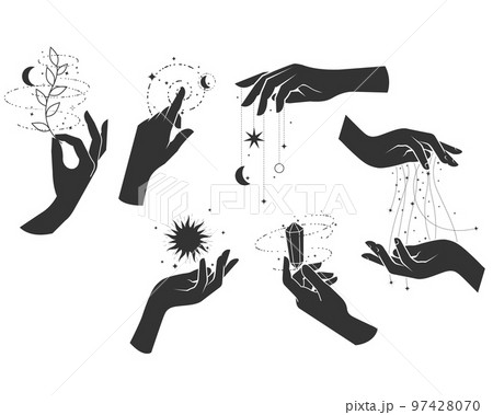 Magic, wizardry and fortune-telling, woman hands practicing witchcraft, incantation, magic spells and sorcery of sorceress, vector 97428070