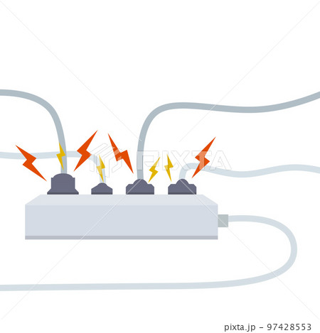 Electrical circuit. Shock, red lightning and yellow sparks from the outlet. Connector and plug. System overload. The problem with the appliance. Fire situation with smoke and safety. Electrical circuit. Shock, red lightning and yellow sparks from the outlet. Connector and plug. System overload. The problem with the appliance. Fire situation with smoke and safety. 97428553