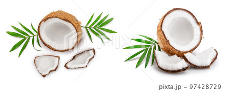 coconut with leaves isolated on white background. Top view. Flat lay 97428729