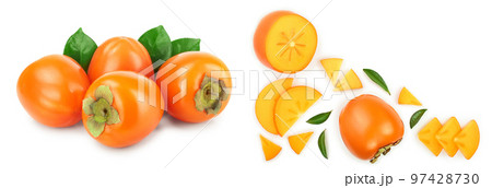 persimmon slice with leaves isolated on white background with copy space for your text. Top view. Flat lay pattern 97428730