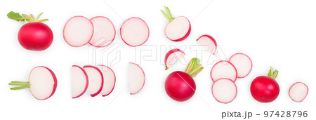 fresh whole and sliced radishes isolated on white background with copy space for your text. Top view 97428796