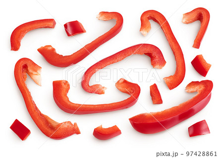 slices of red sweet bell pepper isolated on white background. Top view. Flat lay slices of red sweet bell pepper isolated on white background. Top view. Flat lay 97428861