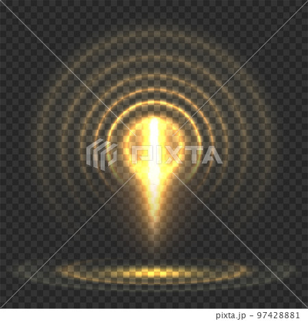Abstract futuristic yellow signal transmitter special light effect isolated on transparent background. Magnetic field central power light beam connection tower. Sci-fi projector divergent energy waves 97428881