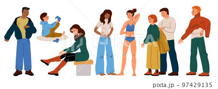 People dress up. Funny guys or girls put on clothes. Persons try on trousers. Fashionable jackets and sweaters. Fitting room. Casual clothing wear. Help to dressing coat. Garish vector set People dress up. Funny guys or girls put on clothes. Persons try on trousers. Fashionable jackets and sweaters. Fitting room. Casual clothing wear. Help to dressing coat. Garish vector set 97429135