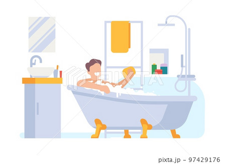 Man in bathroom relaxing in hot water foam. Guy washing in bathtub with washcloth. Person taking bath in washroom. Toiletries or towel. Home interior. Body hygiene routine. Vector concept 97429176