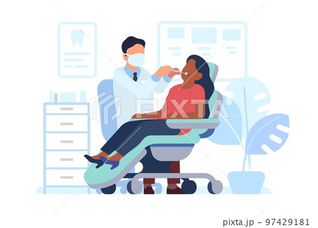 Male dentist examines female patients teeth. Dental prevention. Woman at doctors appointment. Professional oral health care. Medical treatment in hospital. Vector stomatology concept Male dentist examines female patients teeth. Dental prevention. Woman at doctors appointment. Professional oral health care. Medical treatment in hospital. Vector stomatology concept 97429181