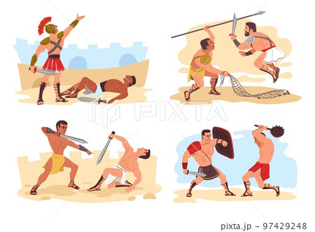 Gladiators fight scenes. Ancient Roman warriors. People in armor. Muscular legionnaires in battlefield. Colosseum war battles set. Soldiers attacking and defending. Splendid vector concept 97429248