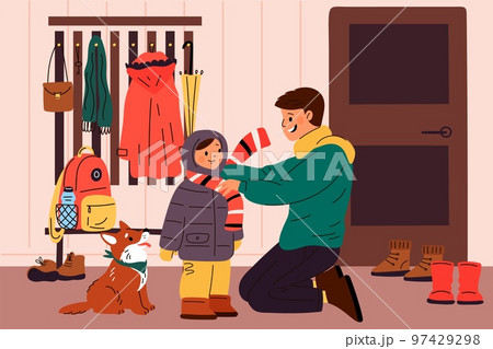 Father helps dressed child. Dad ties his sons scarf before going out for walk. Warm winter clothes. Caring parent. People put on clothing. Children seasonal outfit. Garish vector concept Father helps dressed child. Dad ties his sons scarf before going out for walk. Warm winter clothes. Caring parent. People put on clothing. Children seasonal outfit. Garish vector concept 97429298