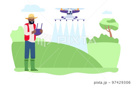 Farmer uses drone to irrigate field. Agriculture innovation technologies. Management watering. Harvest growing digital smart control. Flying robot. Man with joystick. Vector concept Farmer uses drone to irrigate field. Agriculture innovation technologies. Management watering. Harvest growing digital smart control. Flying robot. Man with joystick. Vector concept 97429306