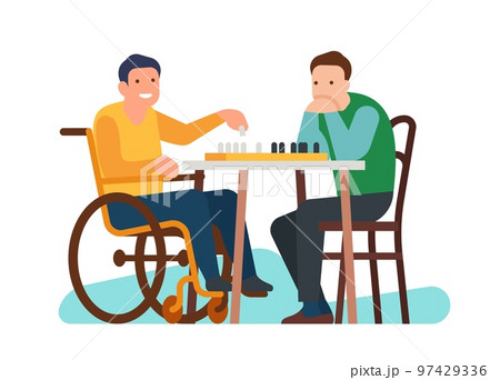 Disabled boy playing chess with friend. Handicapped player at chessboard. Man in wheelchair. Strategy game. Persons with disabilities support. Injured guy rehabilitation. Vector concept 97429336
